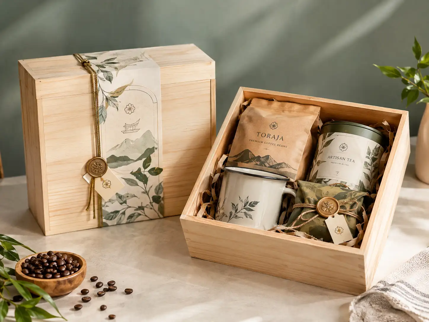 Peti Kayu Rustic Hampers Kopi & Teh Nusantara